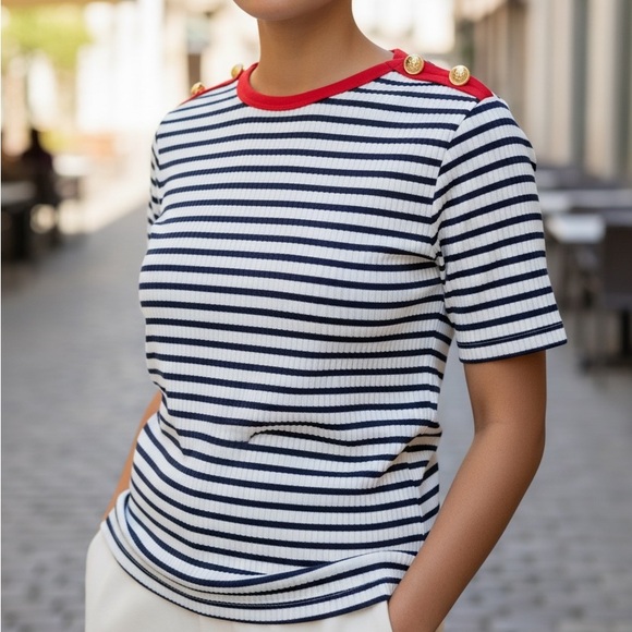 Links Tops - Links Women's size XL Navy White Striped knit rib Tee Coastal sailing Red Trim
